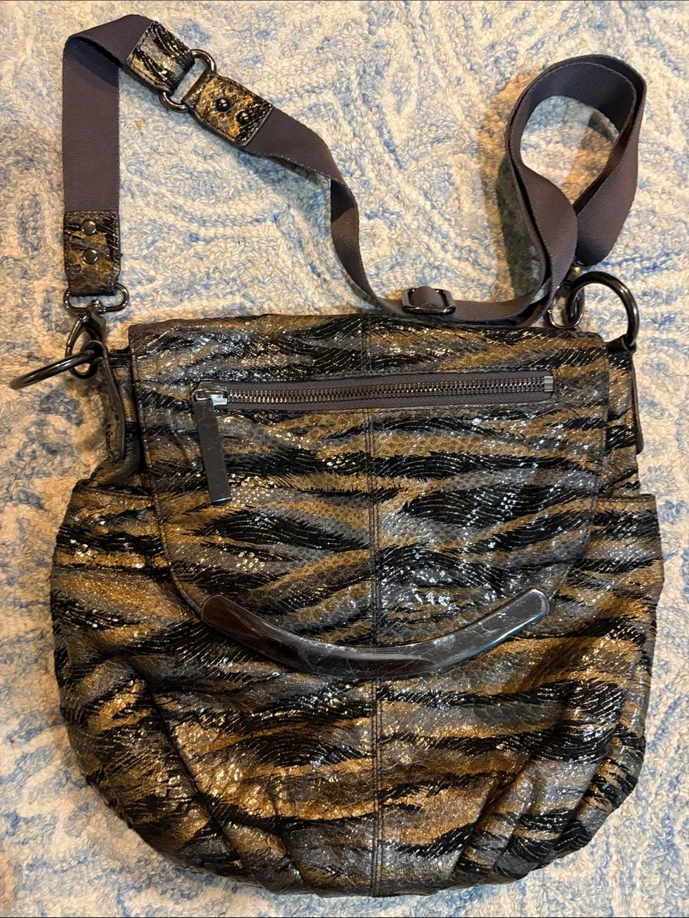 HOBO Black and Gold Zebra-Print Crossbody Shoulder Bag
